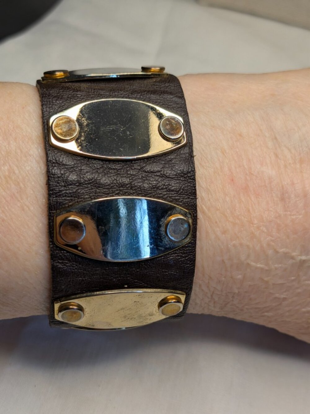 Vintage Brown Leather Cuff Bracelet with Gold Tone Snap Plates